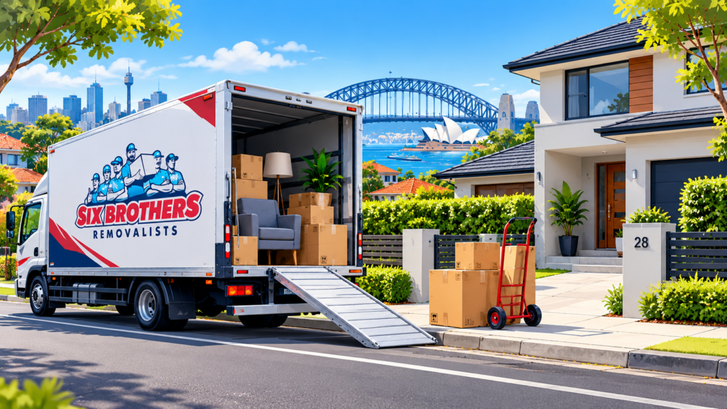 Whole-house moving guide for owner-occupiers featuring a Six Brothers Removalists truck on a Sydney street.