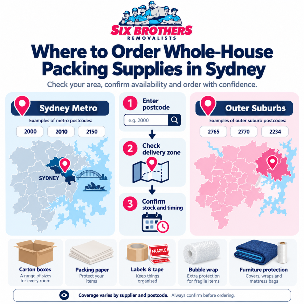 Where to order whole-house packing supplies in Sydney – Six Brothers Removalists postcode delivery check diagram